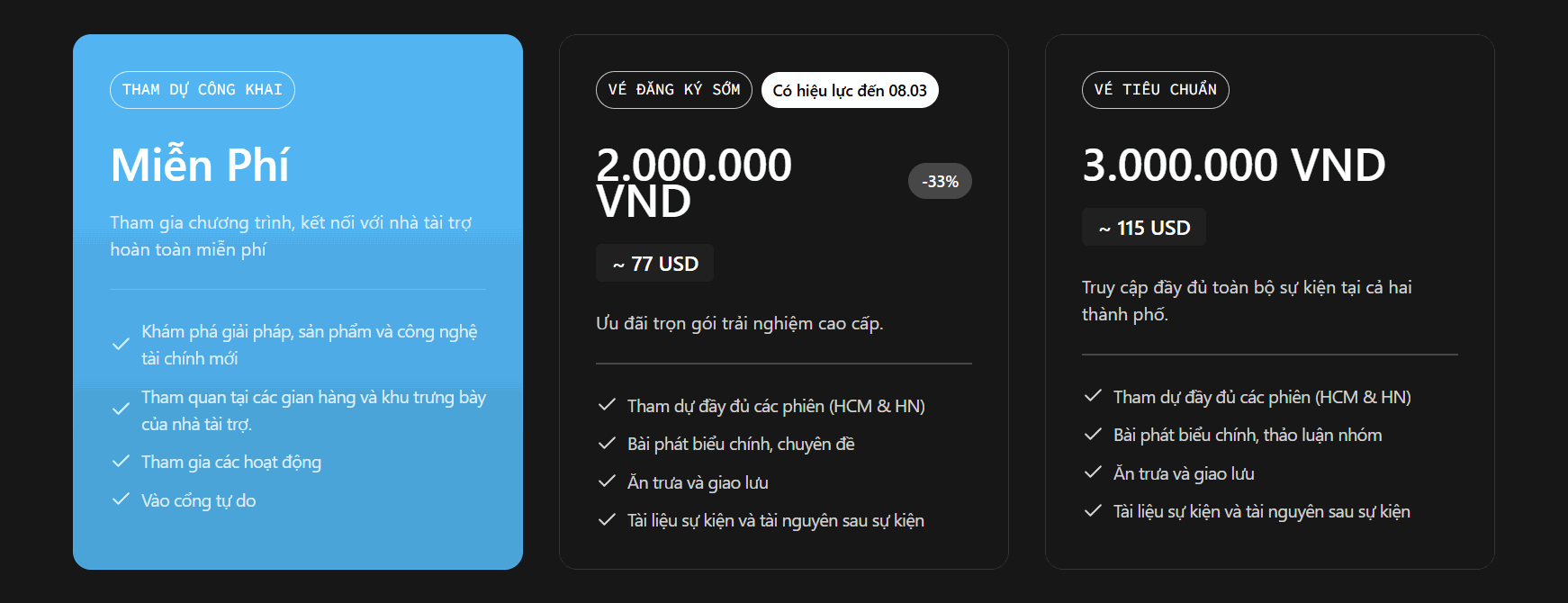 Hạng vé tham gia Hạng vé tham gia